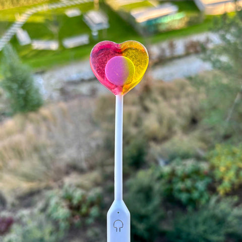 Colorful heart-shaped lollipop with a blurred natural background