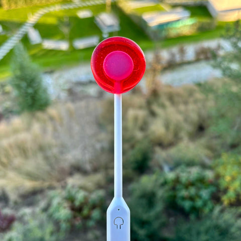 Red and white lollipop with a blurred natural background